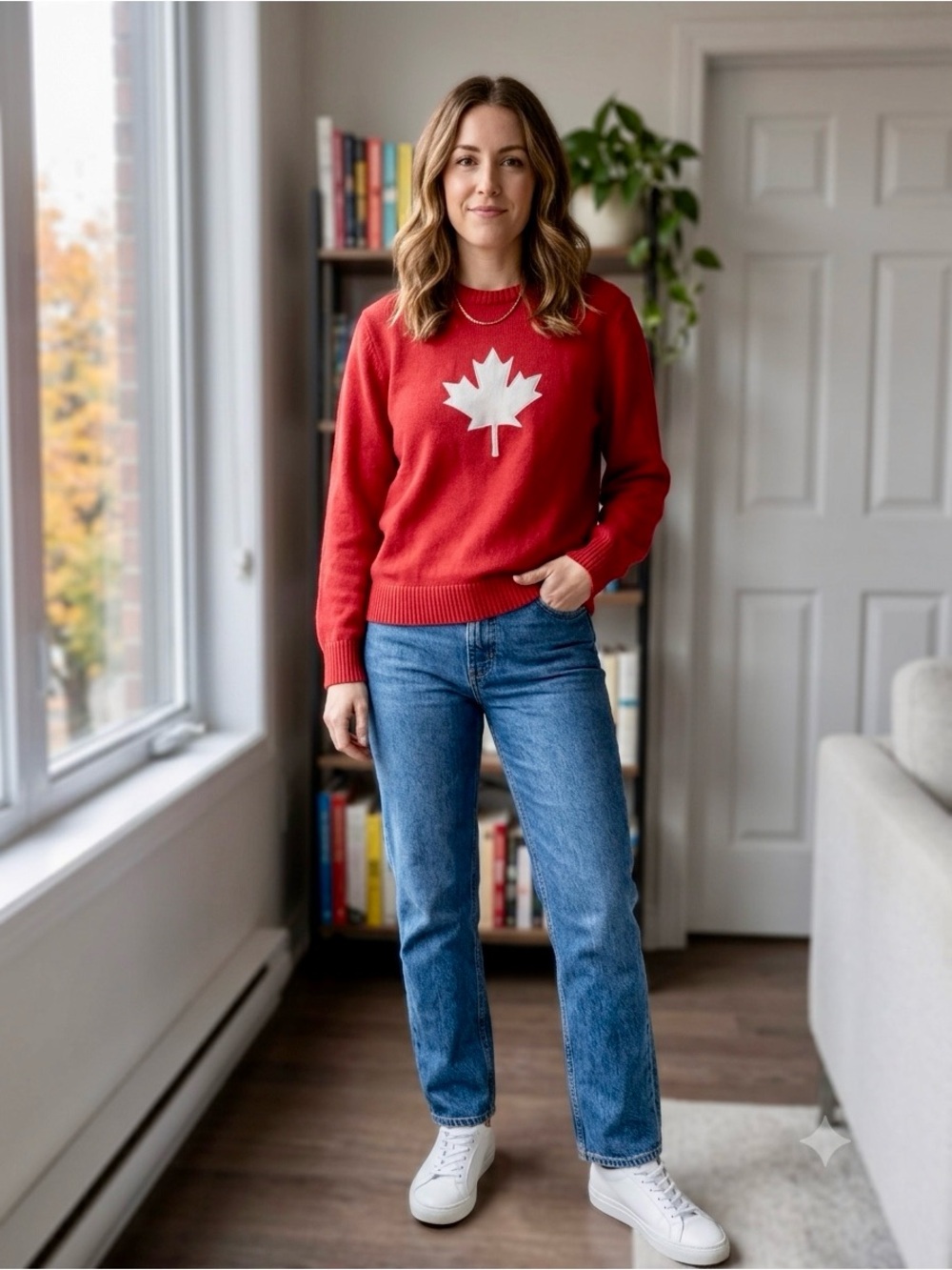 Women's Red Crewneck Sweater with Maple Leaf Graphic